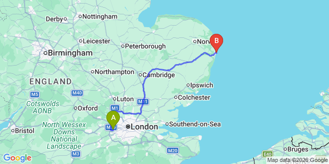Map: London Heathrow Airport (LHR) to Lowestoft
