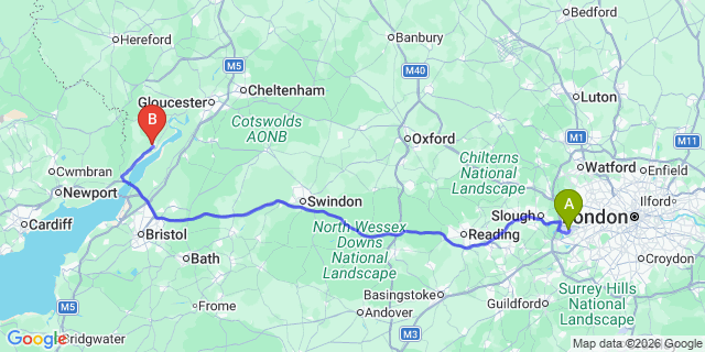 Map: London Heathrow Airport (LHR) to Lydney