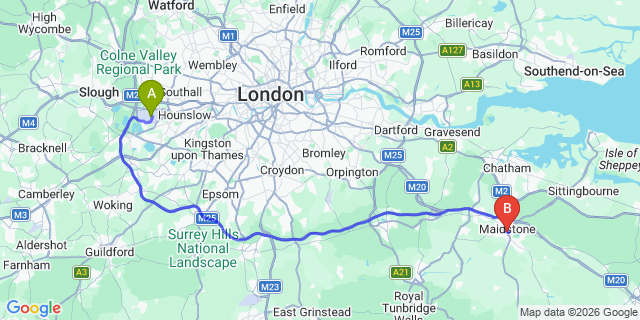 Map: London Heathrow Airport (LHR) to Maidstone