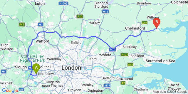Map: London Heathrow Airport (LHR) to Maldon