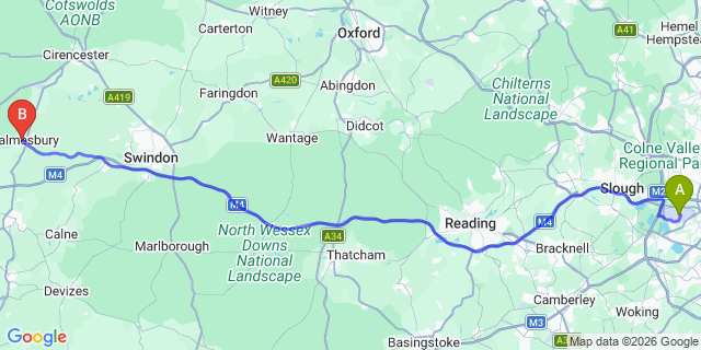 Map: London Heathrow Airport (LHR) to Malmesbury