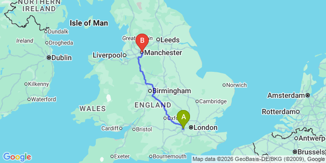 Map: London Heathrow Airport (LHR) to Manchester