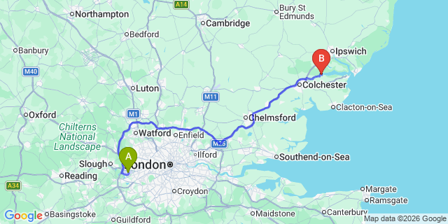 Map: London Heathrow Airport (LHR) to Manningtree