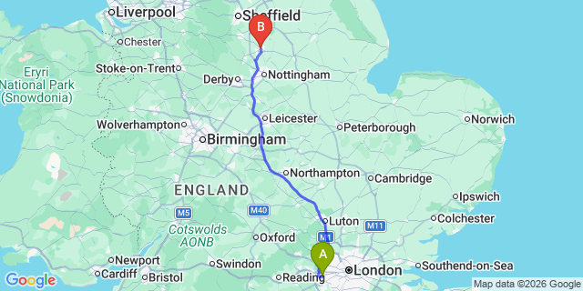 Map: London Heathrow Airport (LHR) to Mansfield