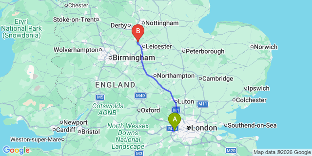 Map: London Heathrow Airport (LHR) to Markfield