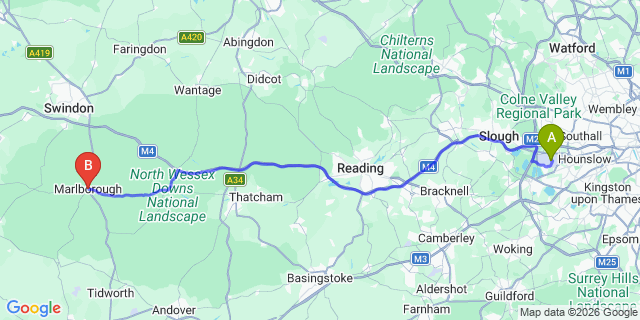 Map: London Heathrow Airport (LHR) to Marlborough