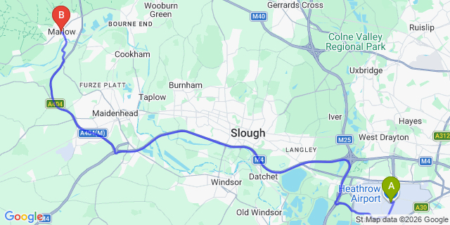 Map: London Heathrow Airport (LHR) to Marlow
