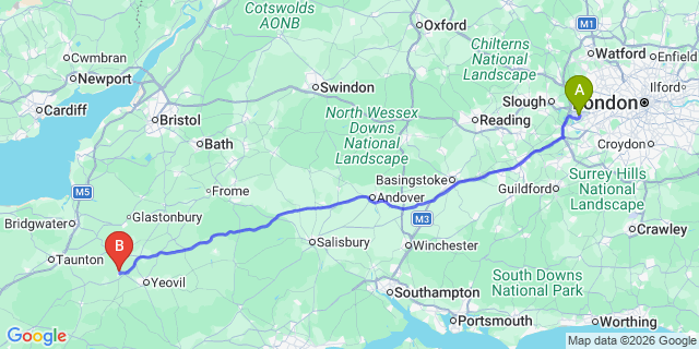 Map: London Heathrow Airport (LHR) to Martock
