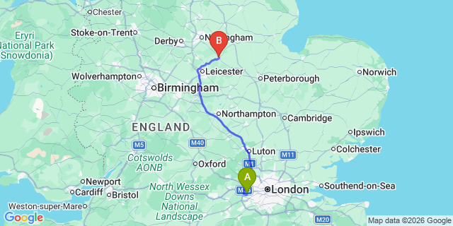 Map: London Heathrow Airport (LHR) to Melton Mowbray