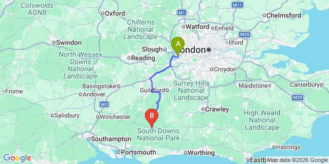 Map: London Heathrow Airport (LHR) to Midhurst