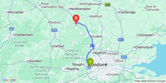 Map: London Heathrow Airport (LHR) to Milton Keynes