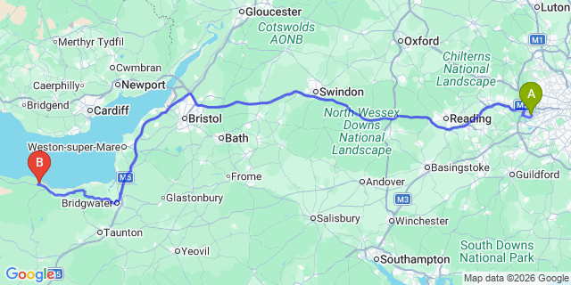 Map: London Heathrow Airport (LHR) to Minehead