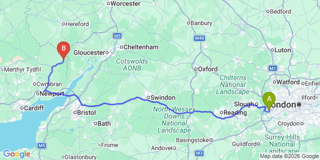 Map: London Heathrow Airport (LHR) to Monmouth