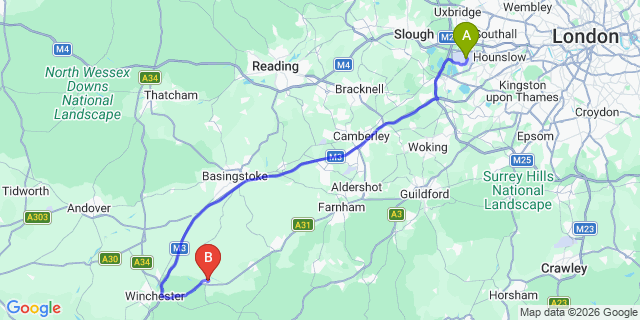Map: London Heathrow Airport (LHR) to New Alresford