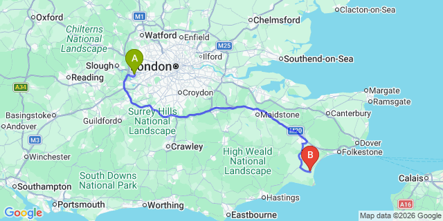 Map: London Heathrow Airport (LHR) to New Romney