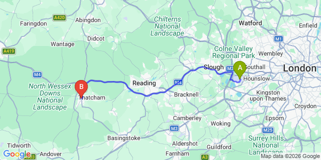 Map: London Heathrow Airport (LHR) to Newbury