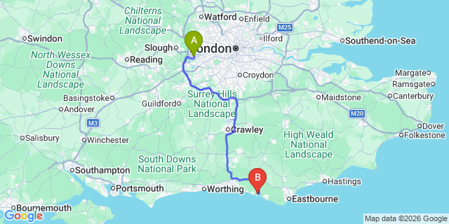 Map: London Heathrow Airport (LHR) to Newhaven