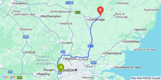 Map: London Heathrow Airport (LHR) to Newmarket