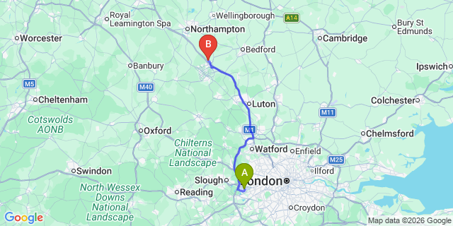 Map: London Heathrow Airport (LHR) to Newport Pagnell