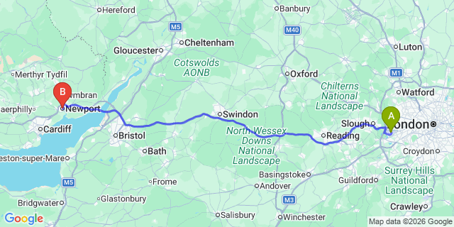 Map: London Heathrow Airport (LHR) to Newport