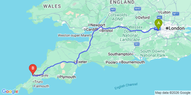 Map: London Heathrow Airport (LHR) to Newquay
