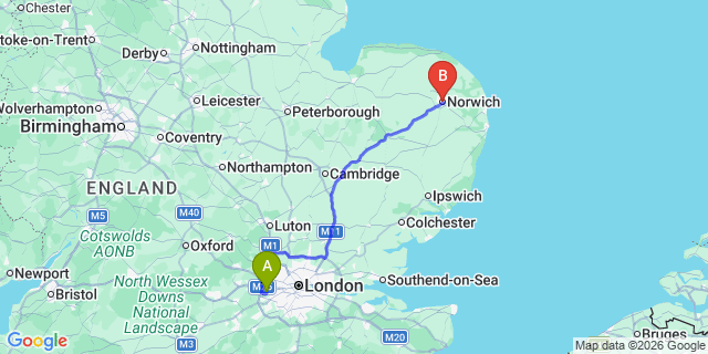 Map: London Heathrow Airport (LHR) to Norwich