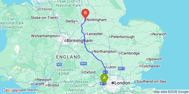 Map: London Heathrow Airport (LHR) to Nottingham