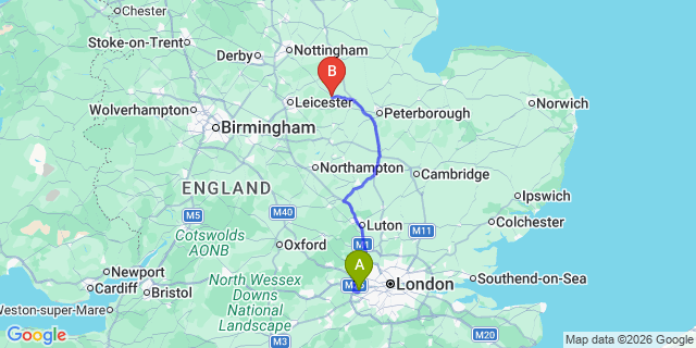 Map: London Heathrow Airport (LHR) to Oakham