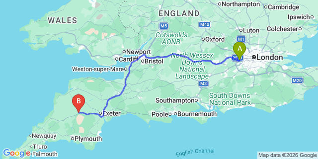 Map: London Heathrow Airport (LHR) to Okehampton