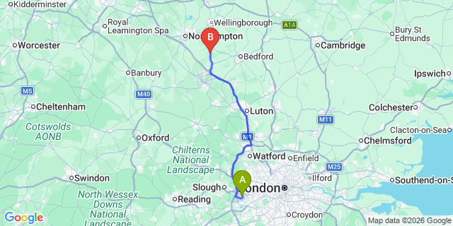 Map: London Heathrow Airport (LHR) to Olney