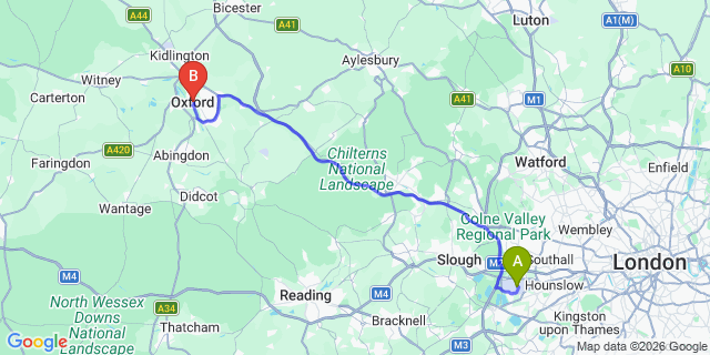 Map: London Heathrow Airport (LHR) to Oxford