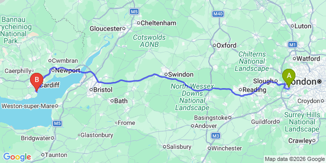 Map: London Heathrow Airport (LHR) to Penarth