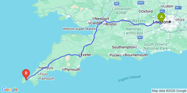 Map: London Heathrow Airport (LHR) to Penzance