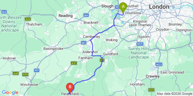 Map: London Heathrow Airport (LHR) to Petersfield