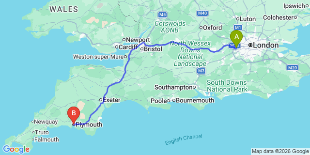 Map: London Heathrow Airport (LHR) to Plymouth