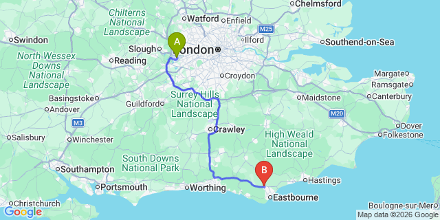 Map: London Heathrow Airport (LHR) to Polegate