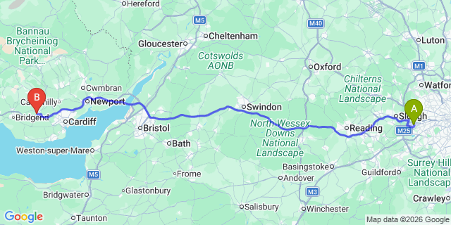 Map: London Heathrow Airport (LHR) to Pontyclun