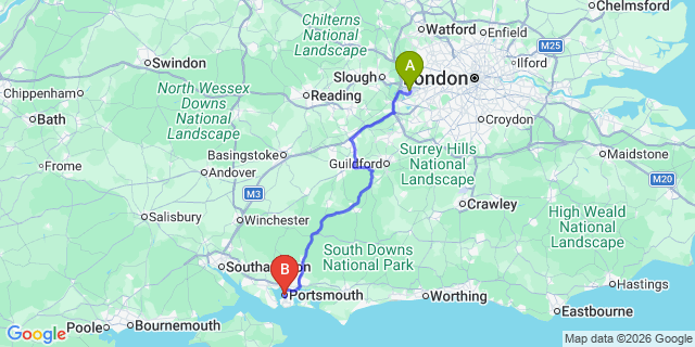 Map: London Heathrow Airport (LHR) to Portsmouth