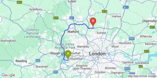 Map: London Heathrow Airport (LHR) to Potters Bar