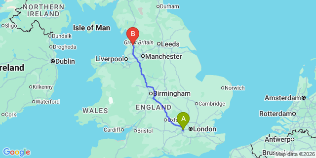 Map: London Heathrow Airport (LHR) to Preston