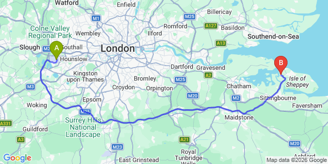 Map: London Heathrow Airport (LHR) to Queenborough