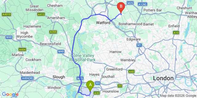 Map: London Heathrow Airport (LHR) to Radlett