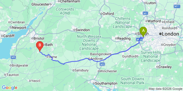 Map: London Heathrow Airport (LHR) to Radstock