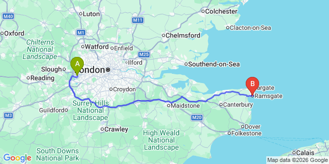 Map: London Heathrow Airport (LHR) to Ramsgate