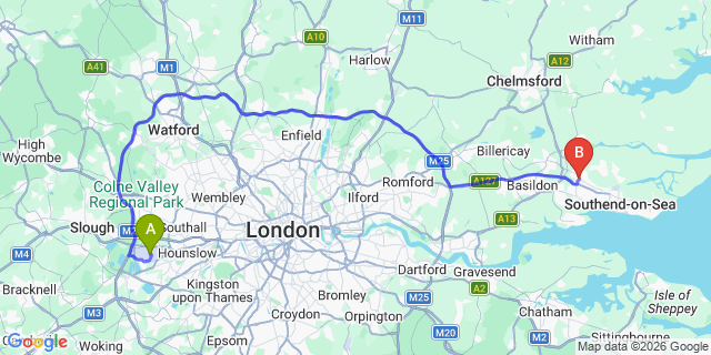 Map: London Heathrow Airport (LHR) to Rayleigh