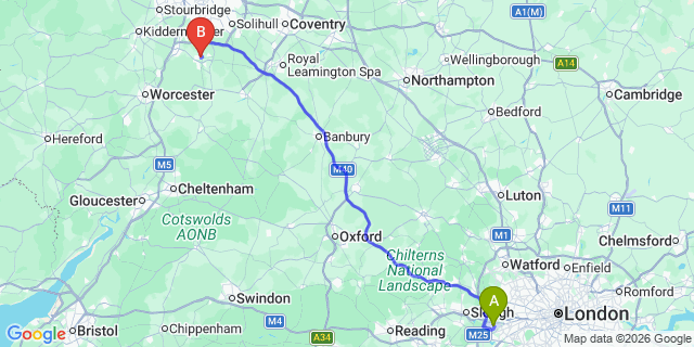 Map: London Heathrow Airport (LHR) to Redditch