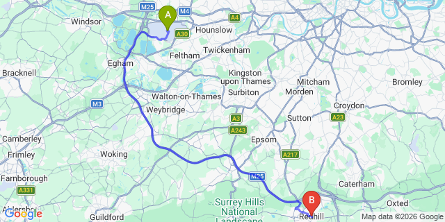 Map: London Heathrow Airport (LHR) to Redhill