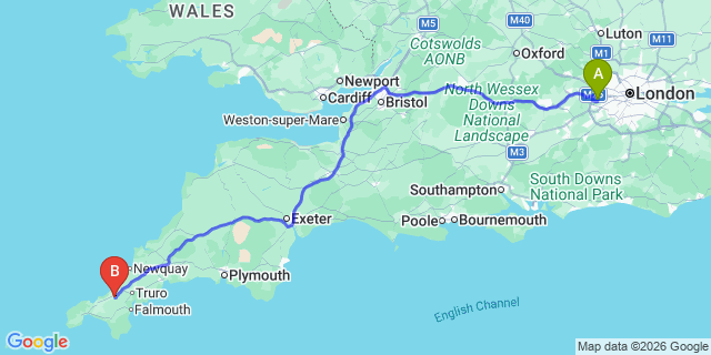 Map: London Heathrow Airport (LHR) to Redruth