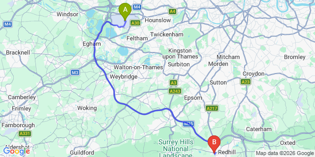 Map: London Heathrow Airport (LHR) to Reigate