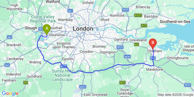 Map: London Heathrow Airport (LHR) to Rochester